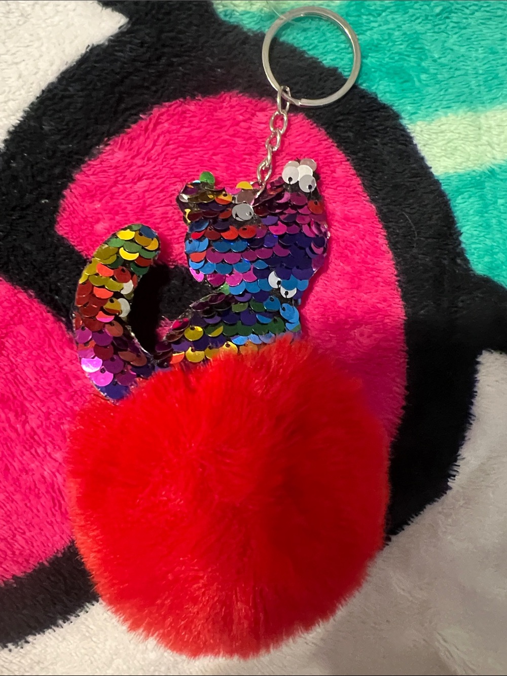 Sequin Cat Pom Pom Keychain - Red Pom with Rainbow Sequins